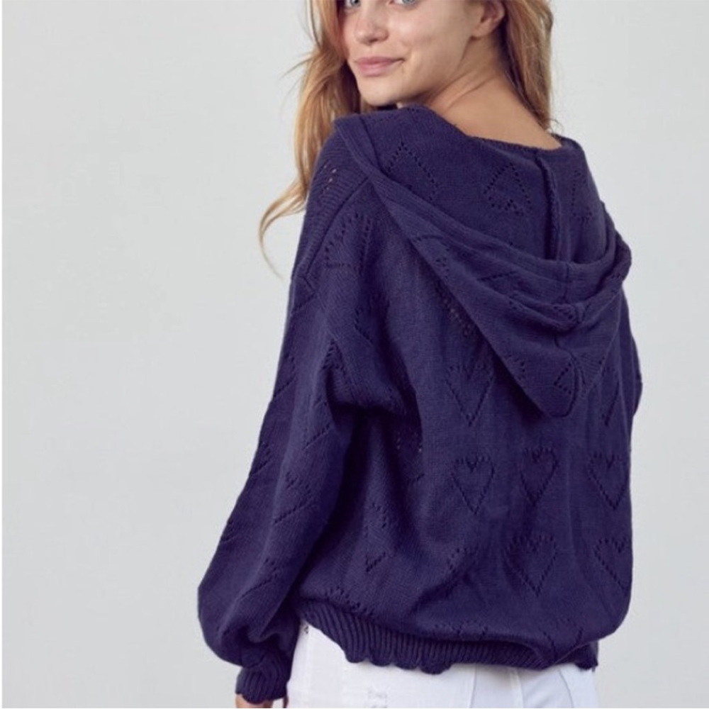 &Merci Navy Heart Knit V-Neck Hoodie Sweater Size M - Picture 8 of 8